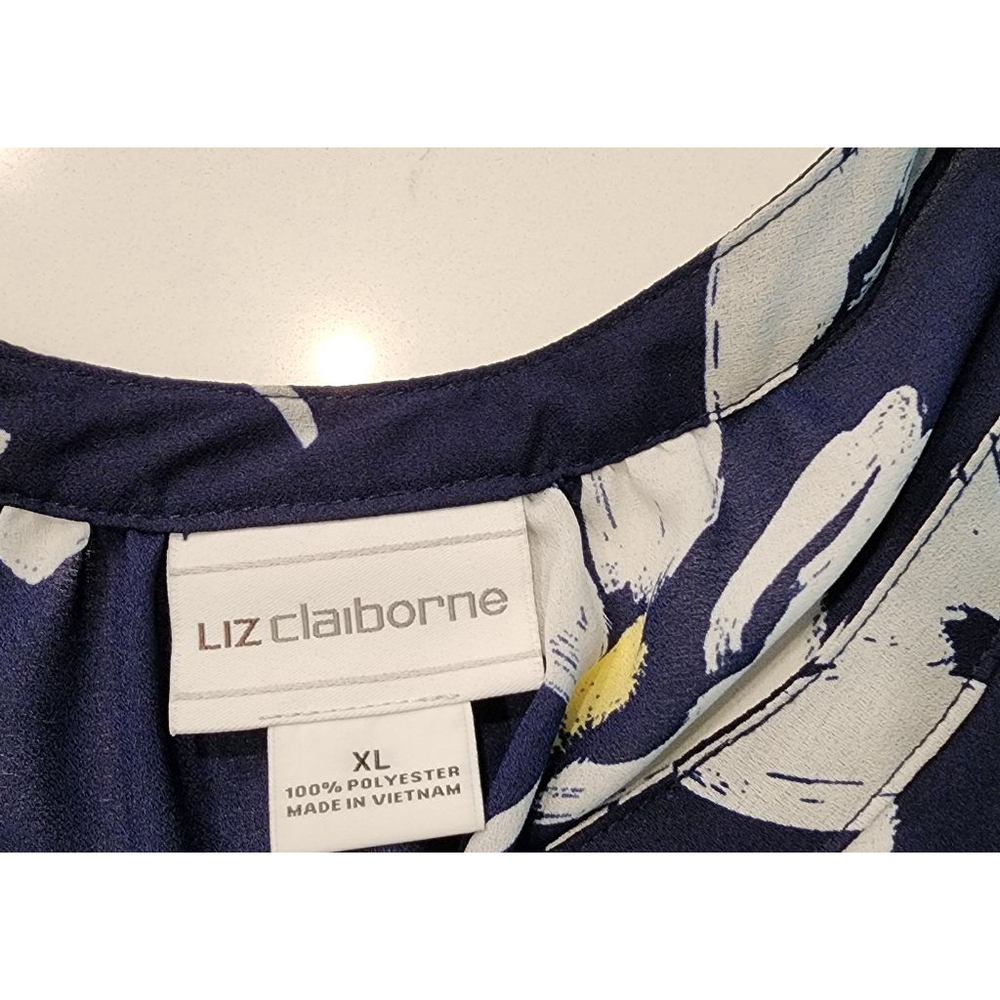 Liz Claiborne XL Navy Blue Floral Blouse Long Sleeve Tie Cuffs Button Front Boho - Picture 9 of 13